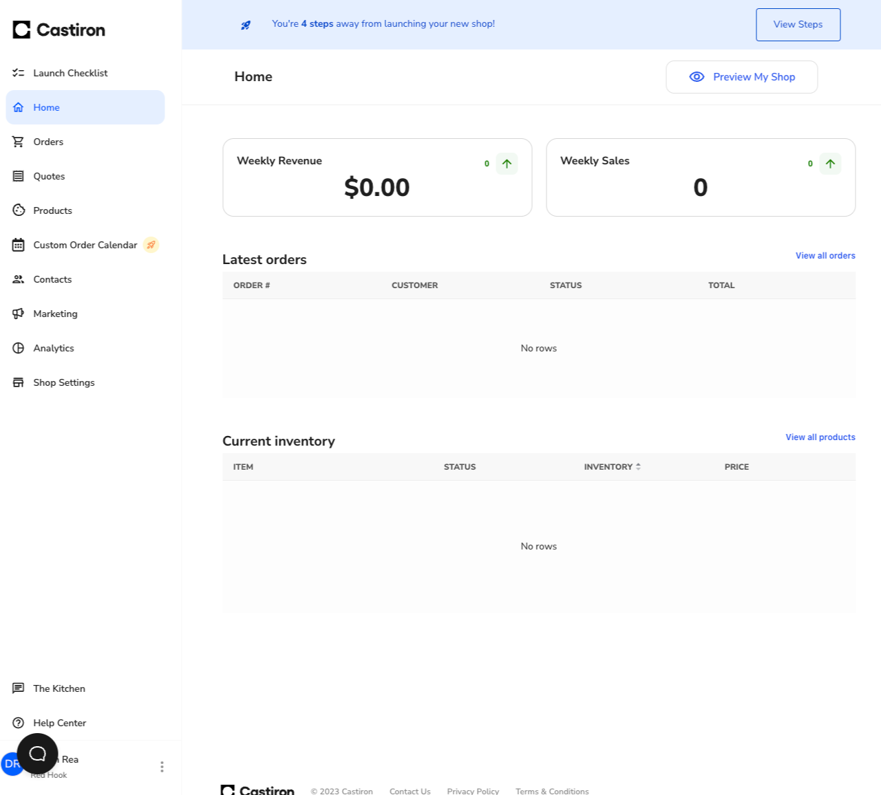 CastIron seller dashboard showing weekly revenue, sales, latest orders, and inventory panels