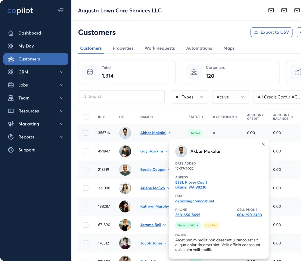 CopilotCRM customer detail view for Augusta Lawn Care Services