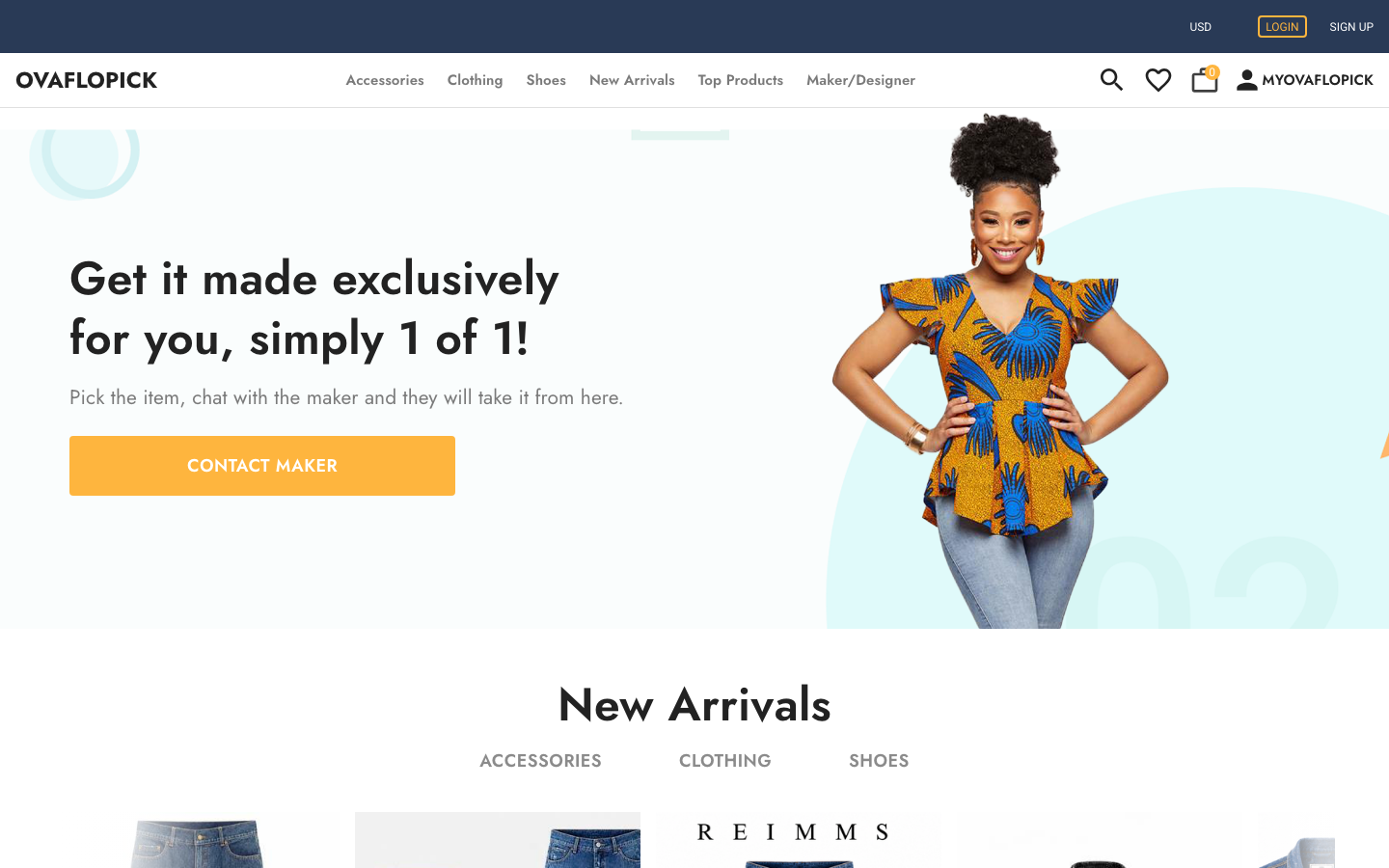 Ovaflopick marketplace home page: ‘Get it made exclusively for you, simply 1 of 1!’ with a Contact Maker CTA