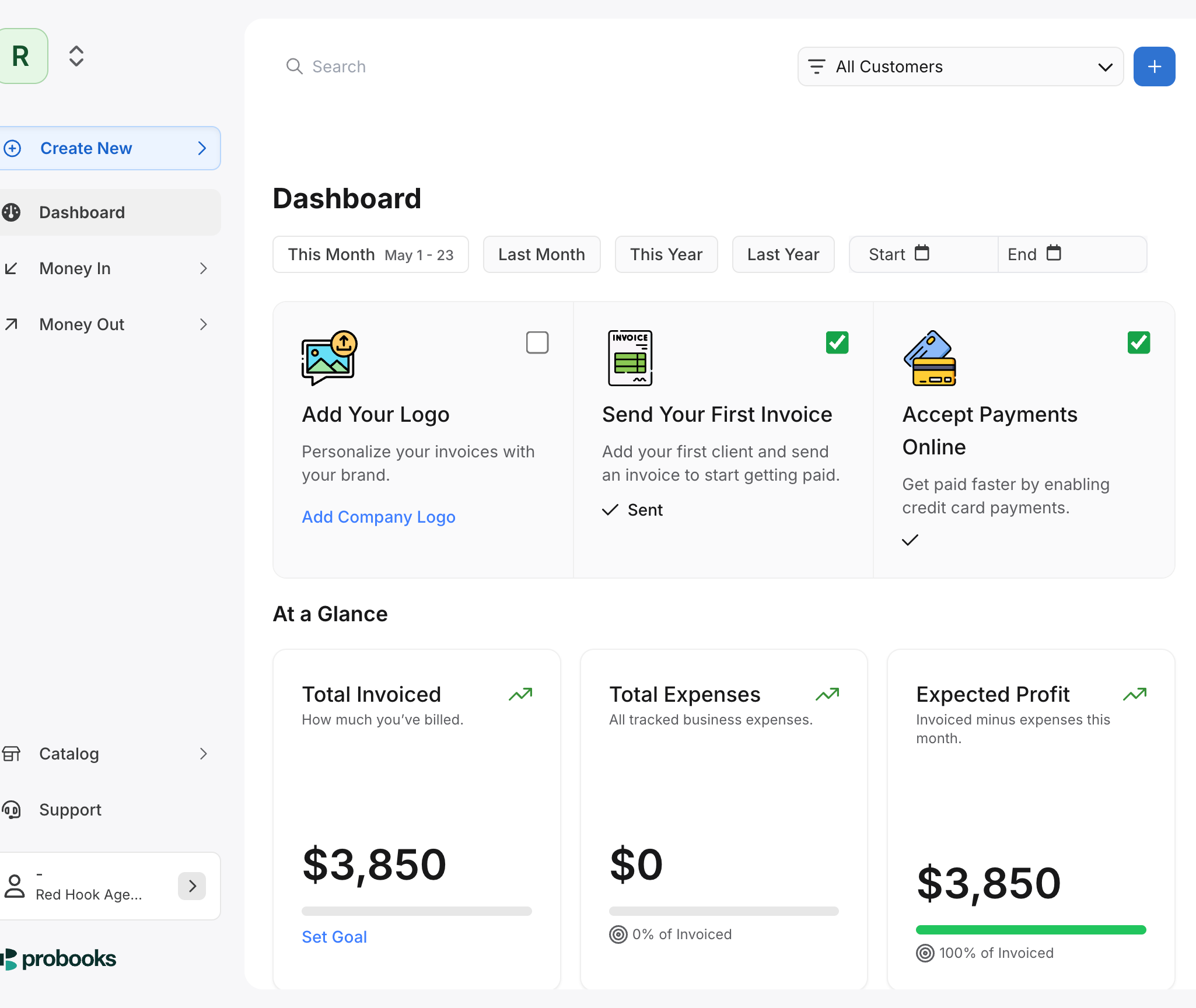 ProBooks dashboard showing setup checklist, invoiced and expense totals, and expected profit